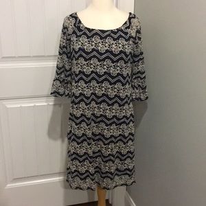 Elegant Chris McLaughlin Navy and Cream Midi Dress